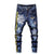 Motorcycle Motorbike Distressed Ripped Biker Slim Jeans For Men Printed Stretched Painted Moto Denim Pants