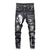 Motorcycle Motorbike Distressed Ripped Biker Slim Jeans For Men Printed Stretched Painted Moto Denim Pants