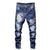 Motorcycle Motorbike Distressed Ripped Biker Slim Jeans For Men Printed Stretched Painted Moto Denim Pants